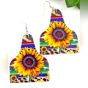 Cattle Tag Earrings Serape Leopard and Sunflower
